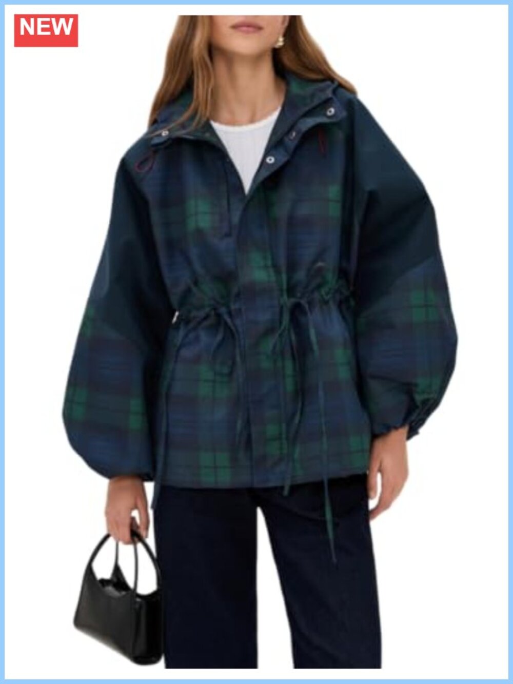 Women's Water Repellent Polyester Plaid Raincoat with Hood Windbreaker Jacket